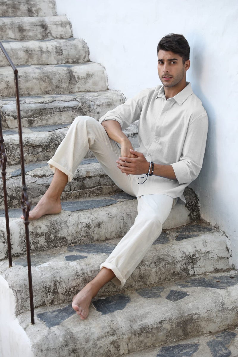 Runcati Mens Button Down Shirt Linen Cotton Shirts Casual Long Sleeve Spread Collar Lightweight Beach Plain Tops 01 White - Image 2